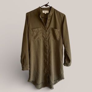 Cloth & Stone Army Green Long Sleeve Fringed Tunic Dress Size Small